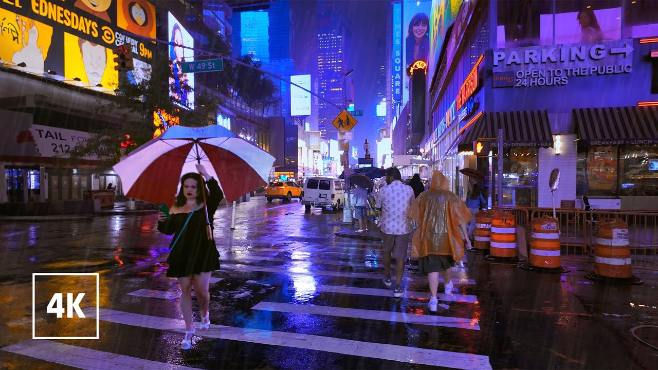 New York, Amerika Serikat | Manhattan | Jalan Malam Saat Hujan 4K