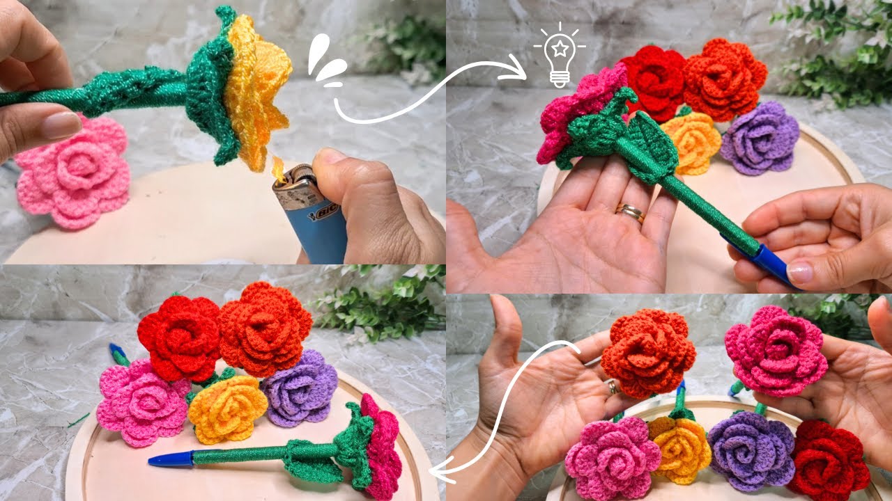 Como Tejer Rosa a Crochet🌹 Lapicero de Rosa Fácil y Bonito😍Bolígrafos en Tendencia😲