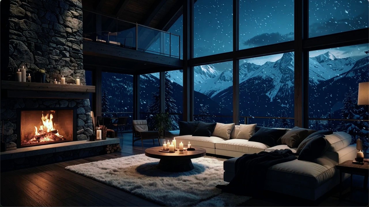 Snowy Cabin Window Scene with Fireplace Crackling | Smooth Piano Jazz Winter Ambience for Calm