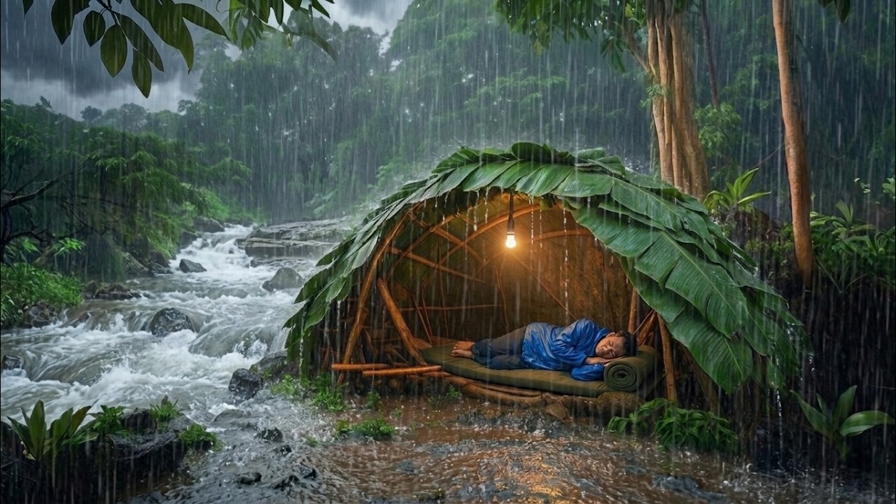 CAMPING IN HEAVY RAIN‼️STRUGGLING TO BUILD A WARM BAMBOO SHELTER WITH ...