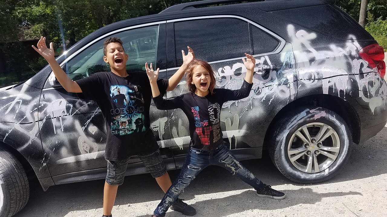 Spray painting our moms car!! kids pranks funny We prank our mom! kids