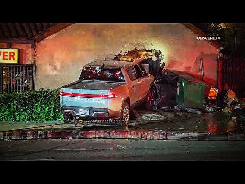 Alan Ruck's Rivian Truck Slams Into Raffallo's Pizza in Hollywood - YouTube