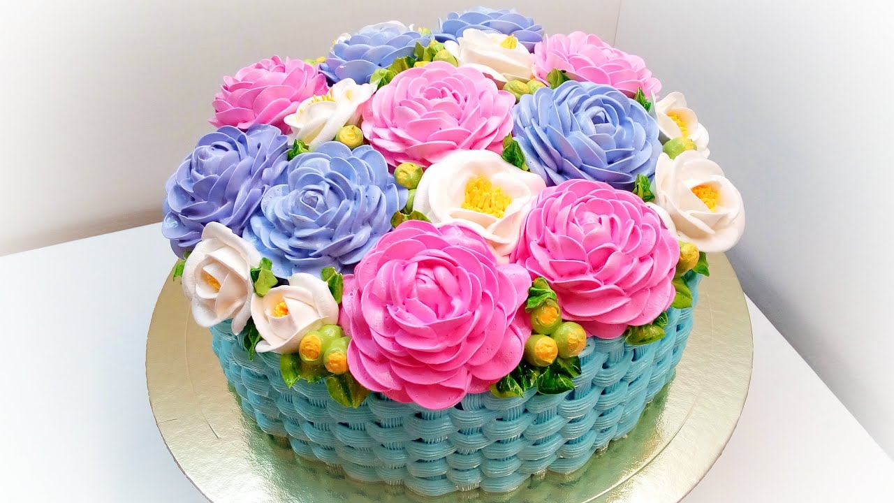 Торт Камелии в корзинке(крем БЗК). /Cake Camellias in a basket(protein custard).