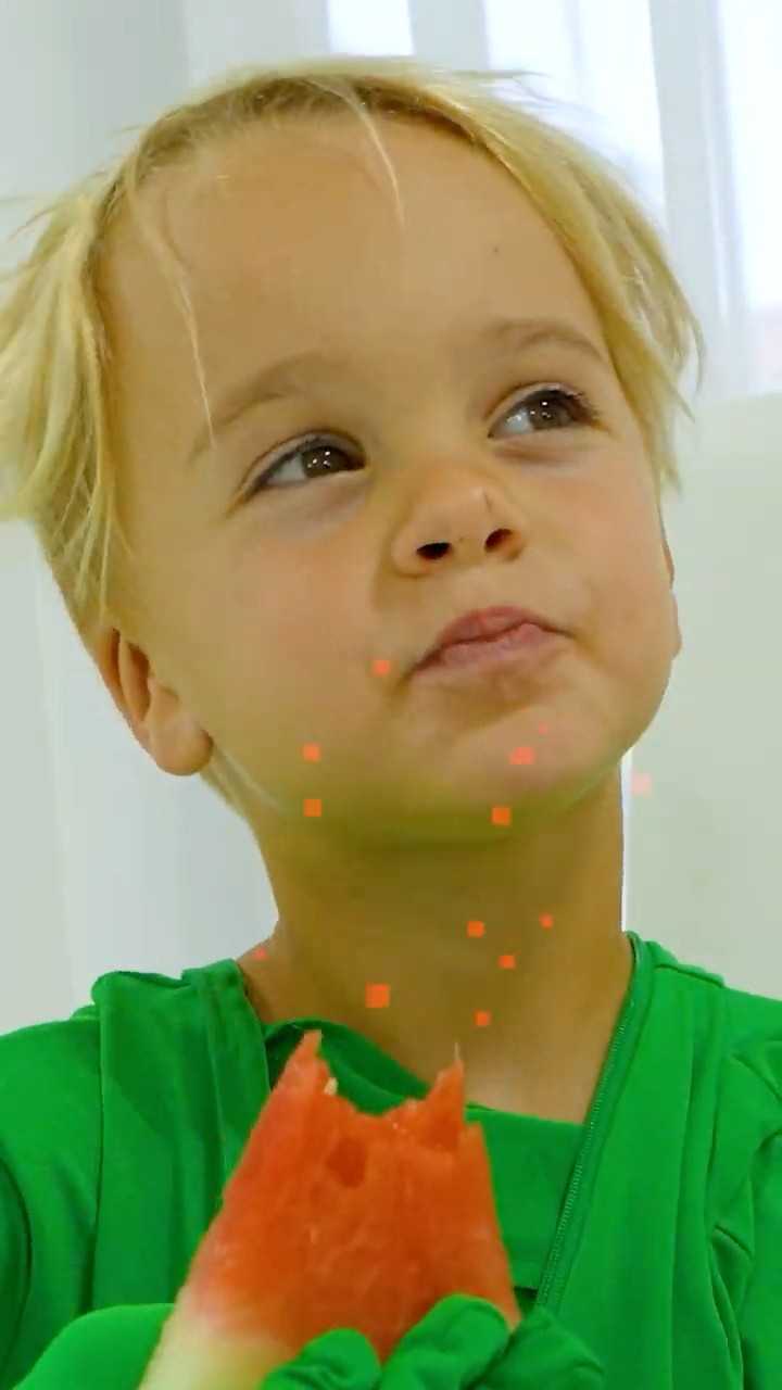 Chris ate a watermelon while playing in a magical outfit