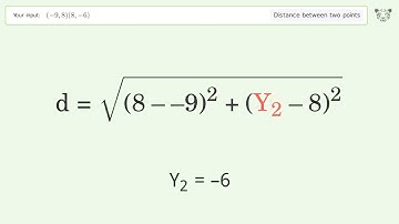Find the distance between two points p1 (-9,8) and p2 (8,-6): Step-by-Step Video Solution