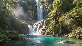 Cozy Majestic Waterfall in Lush Green Forest | Nature’s Serenity &amp; Crystal Clear Blue Water