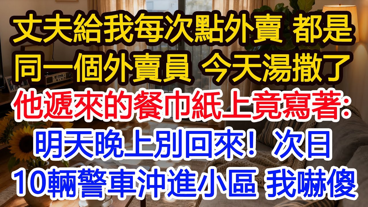 丈夫給我每次點外賣 都是同一個外賣員 今天湯撒了他遞來的餐巾紙上竟寫著：明天晚上別回來！次日10輛警車沖進小區 我嚇傻#為人處世 #正能量 #故事分享 #生活經驗 #情感