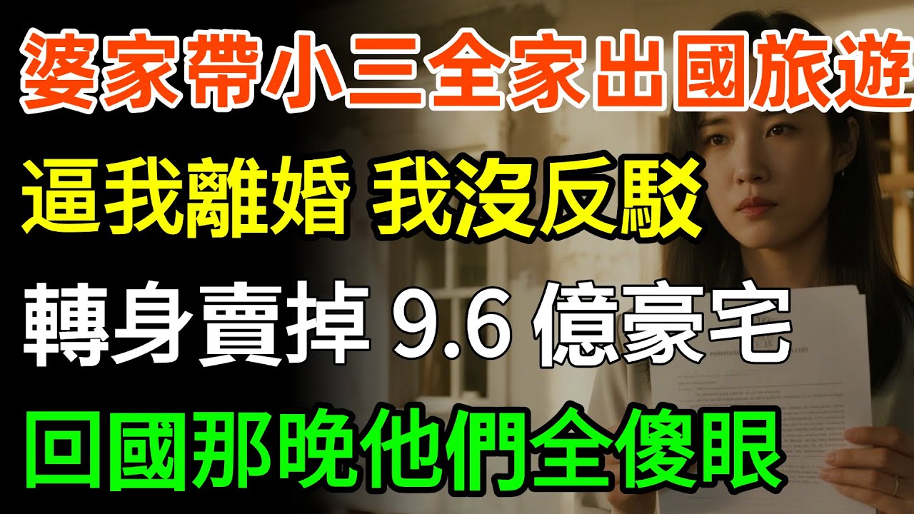 婆家帶小三全家出國旅遊，説妳這老婆留著幹嘛，逼我離婚，我沒反駁，轉身賣掉9.6億豪宅，回國那晚他們全傻眼！