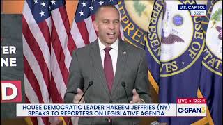 HOUSE DEMOCRATIC LEADER HAKEEM JEFFRIES SPEAKS TO REPORTERS ON LEGISLATIVE AGENDA.