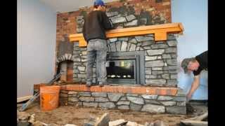 Covering an existing brick fireplace and hearth with natural stone. Stone sourced from Okanagan Rock World and the work is done 