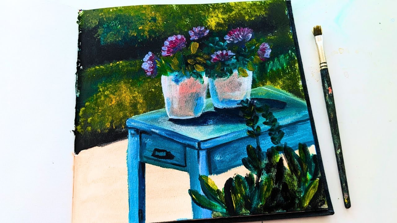 Flower vases on a table in a garden | still life - Acrylic painting for ...