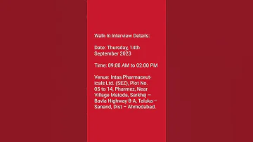 Intas Pharmez Pharmaceuticals Walk In Interviews On 14th Sep 2023 