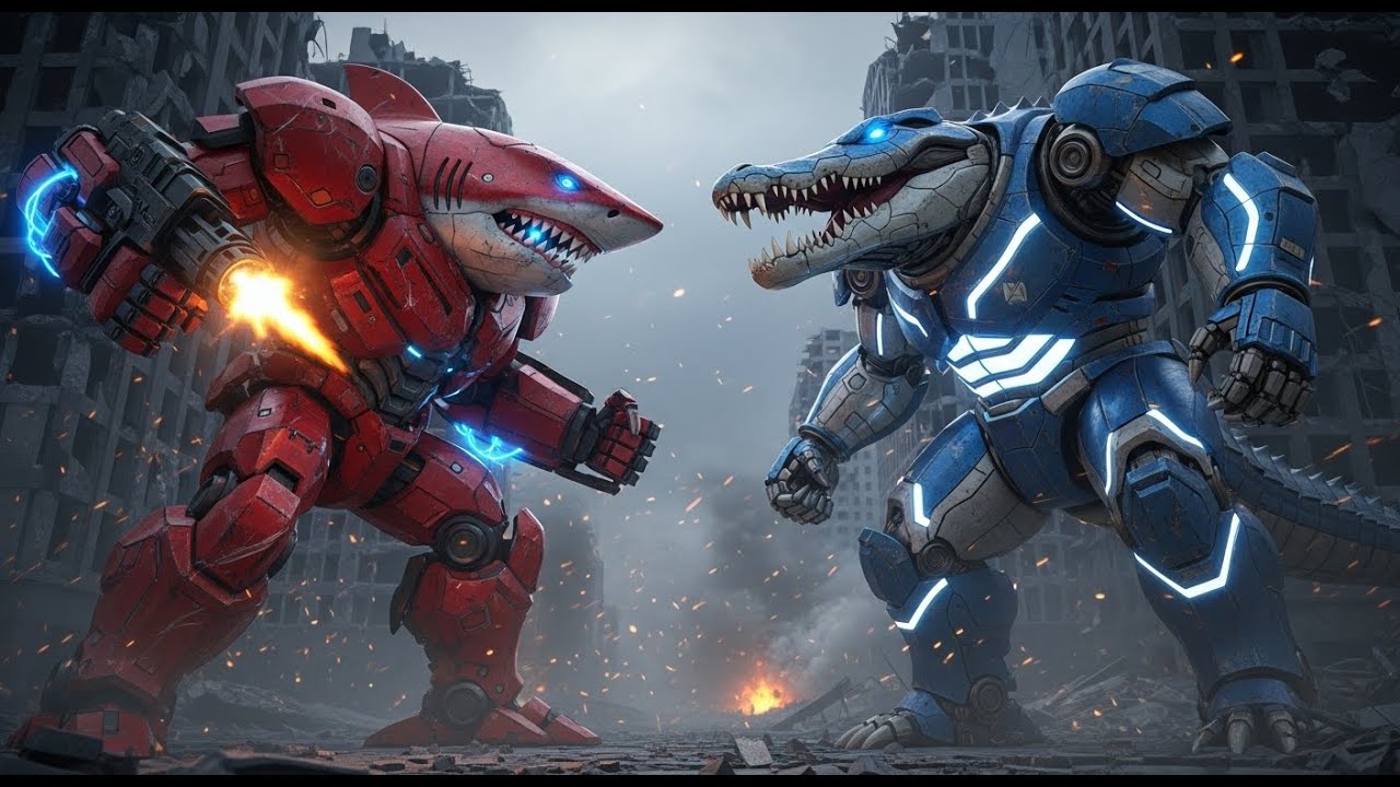 The kitten relies on a robot shark to save its friend, a showdown between robot crocodiles