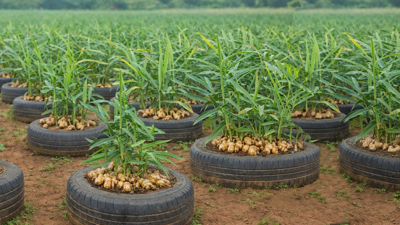 Old tires? Ginger Big tuber: Try growing ginger using this method-Lots of tubers
