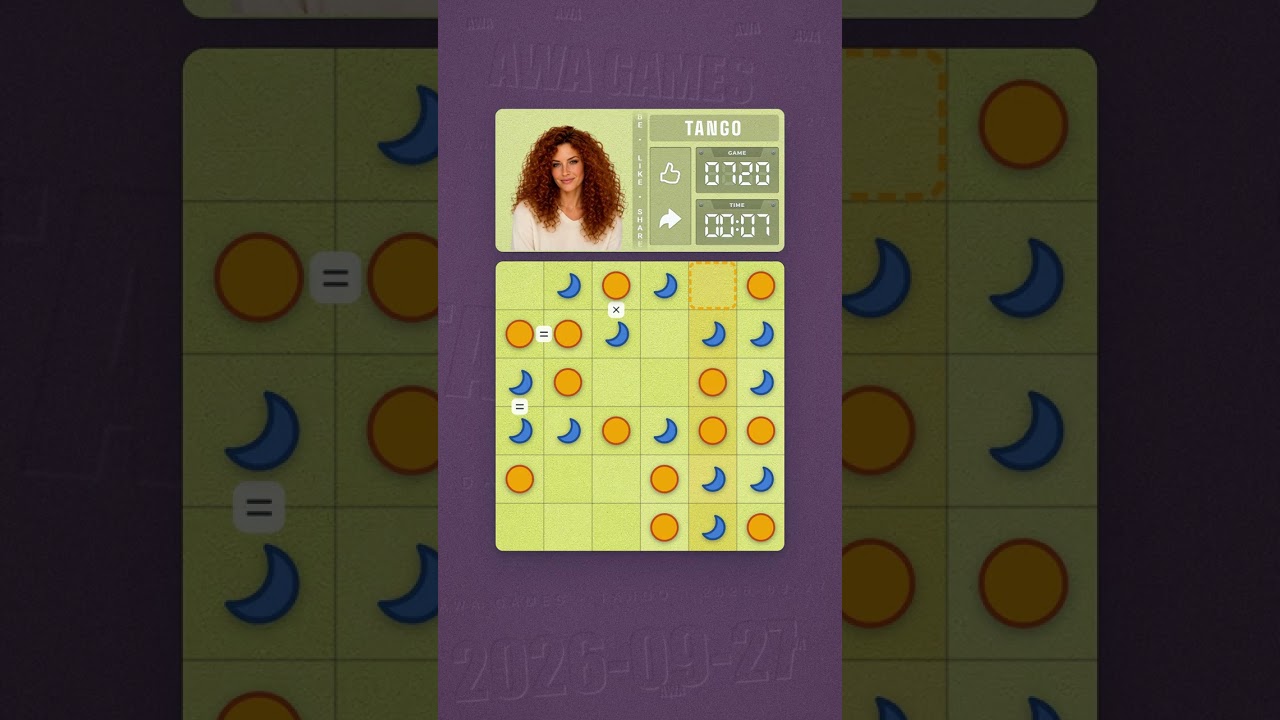 LinkedIn Tango #720 solved board for September 27, 2026, 6x6 grid