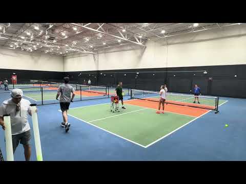 Junior pickleball drilling session (Ryan, Valentina, Mason, Eli) with coach Sam Morris