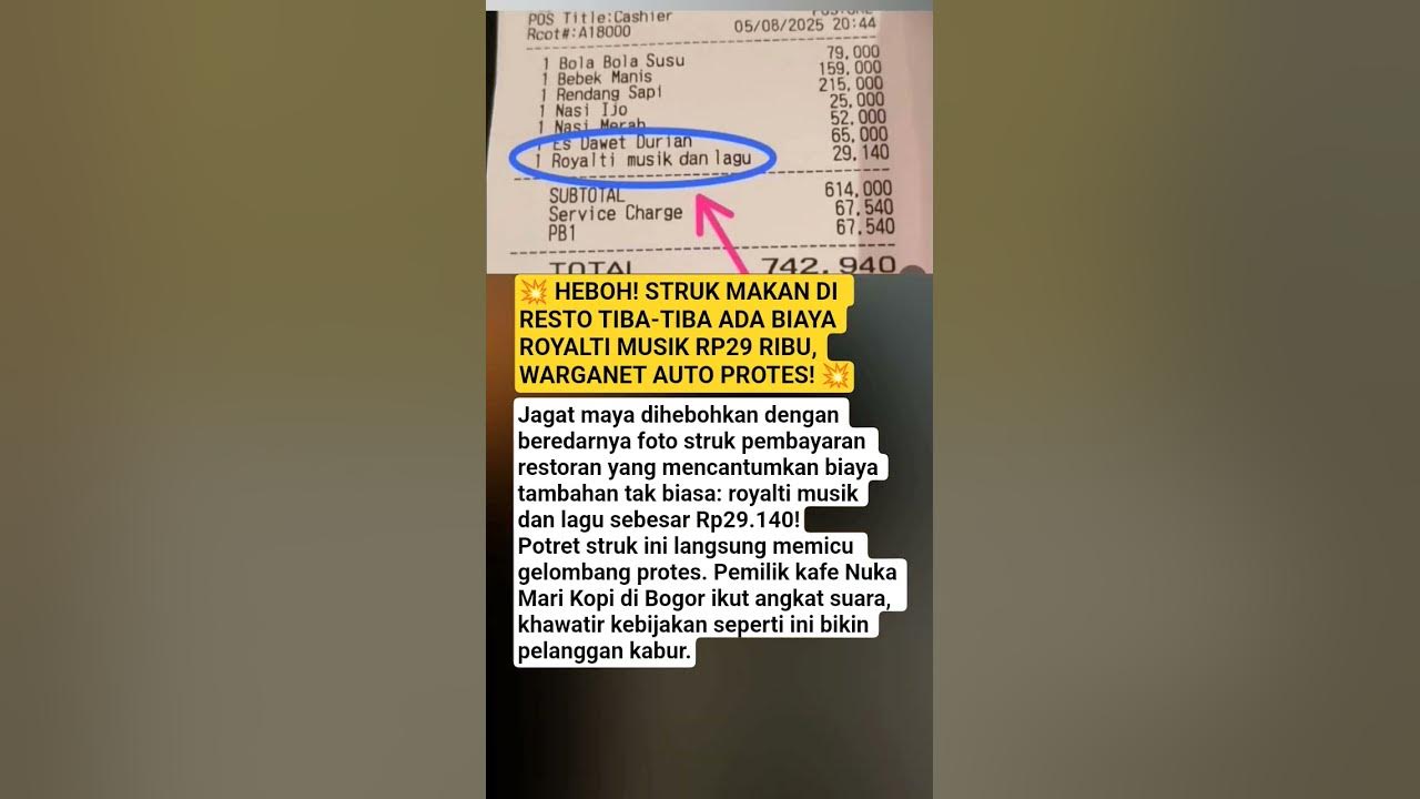 💥 HEBOH! STRUK MAKAN DI RESTO TIBA-TIBA ADA BIAYA ROYALTI MUSIK RP29 RIBU, WARGANET AUTO PROTES! 💥