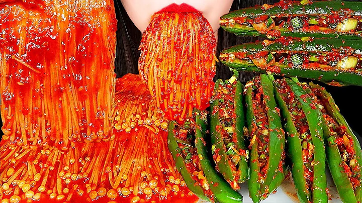 ASMR SPICY ENOKI MUSHROOMS, CUCUMBER PEPPER KIMCHI, EATING SOUNDS, MUKBANG, GOFORYUMMY,#mukbang