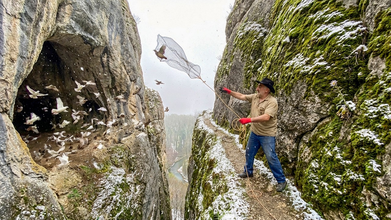 Thumbnail for Grandpa Risks His Life on a Snowy Cliff to Catch Quail Using an Old Trap Method