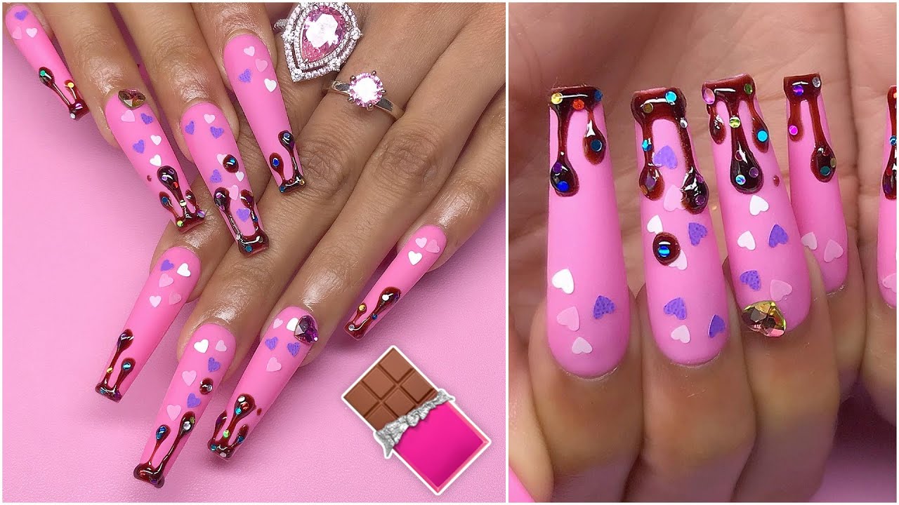 Chocolate Sprinkles Drip Pink XXL Coffin Nails Design NEW Glitters