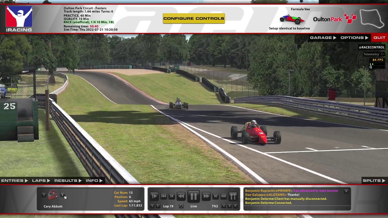 iRacing Downshift Formula Vee League Week 2 2022C Race Control - Oulton Park Circuit: Fosters