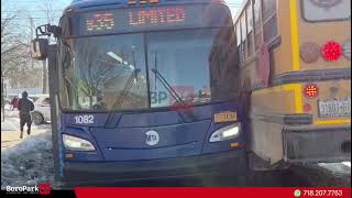 School bus swerved into a city bus due to a water main break and ice buildup