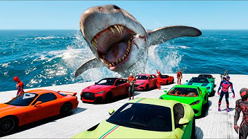 8 Superheroes vs. Massive Sharks! Impossible Lake Parkour Challenge