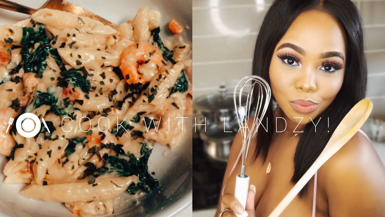 COOKING WITH LANDZY! | QUICK & EASY PRAWN, CHICKEN & BACON PASTA! | Landzy Gama