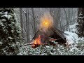 Bushcraft Winter Survival Challenge | Building Shelter &amp; Bed from Tree Trunks in -15°C Snowstorm