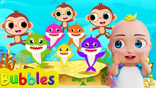 Five Little Monkeys and Sharks Jumping on the Bed | Bubbles Nursery Rhymes & Kids Songs