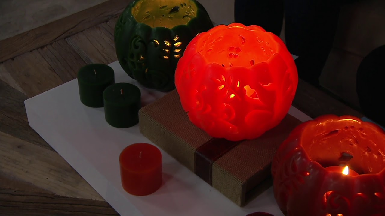 HomeWorx by Harry Slatkin Carved Wax Pumpkin with 2 Votive Candles on