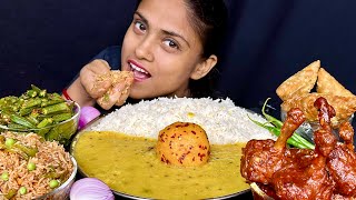 Spicy Dal Chawal Aloo Bhorta Masala Bhindi Fried Rice Chicken Lollipop Chilli Chicken Samosa Eating