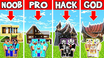 Minecraft: FAMILY WOODEN HOUSE BUILD CHALLENGE - NOOB vs PRO vs HACKER vs GOD in Minecraft