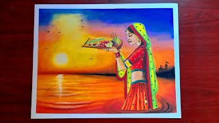 Chhath puja drawing, how to draw chhath puja drawing with oil pastel, easy drawing screenshot 4