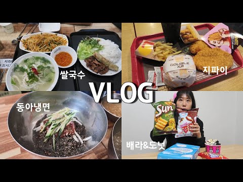 일상 먹방 브이로그🍜 🥯면 빵 파티 (엽닭 중국당면 냉면 즉석떡볶이 볶음밥 빵 연어 베라 도넛 지파이 햄버거 쌀국수 분짜) 돼지파티 mukbang korean food
