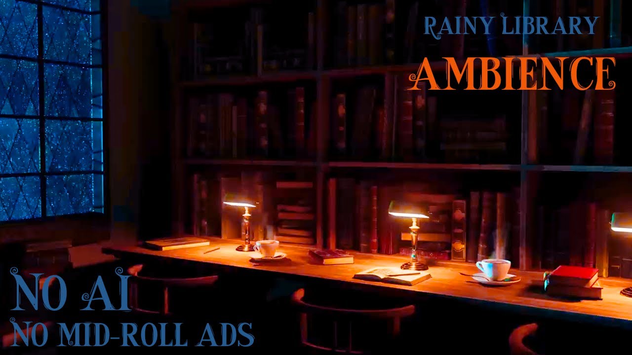 Library With Rain on Window Sounds, Writing, Sounds for Focus, Sleep, Relaxation - Ambience