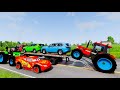 TRANSPORTING PIXAR CARS &amp; FRUITS WITH COLORED &amp; JOHN DEERE vs CLAAS vs TRACTORS - BeamNG.drive #983