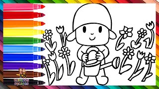 Dibuja y Colorea A Pocoyó Regando Flores 👶 💦🌷🌼🌻🌹🌺 Dibujos Para Niños