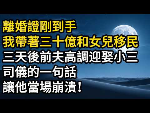 離婚證剛到手，我帶著三十億和女兒移民。三天後前夫高調迎娶小三，司儀的一句話讓他當場崩潰！#反轉爽文 #打臉爽文 #小說 #小說推文 #情感故事 #老人頻道 #深夜淺讀 #真人朗讀 #故事頻道