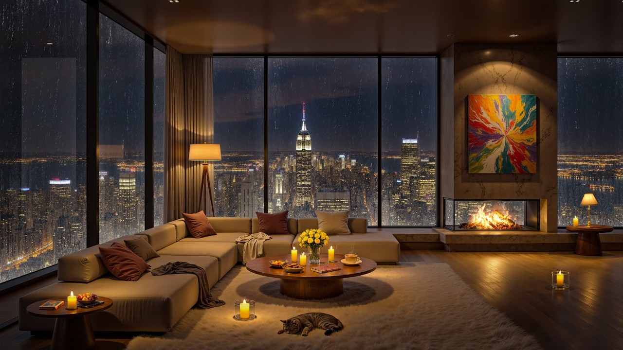 Rain Sounds for Sleep 🌧️ Cozy NYC Apartment with Fireplace and City Night View 4K