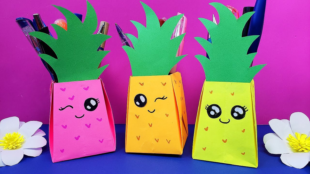 Portalápices de papel piña Origami Pineapple paper pencil holde | DIY ...