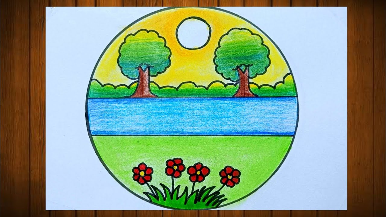 How To Draw a Scenery In Circle ⭕ | Very Easy Scenery Drawing | Simple ...