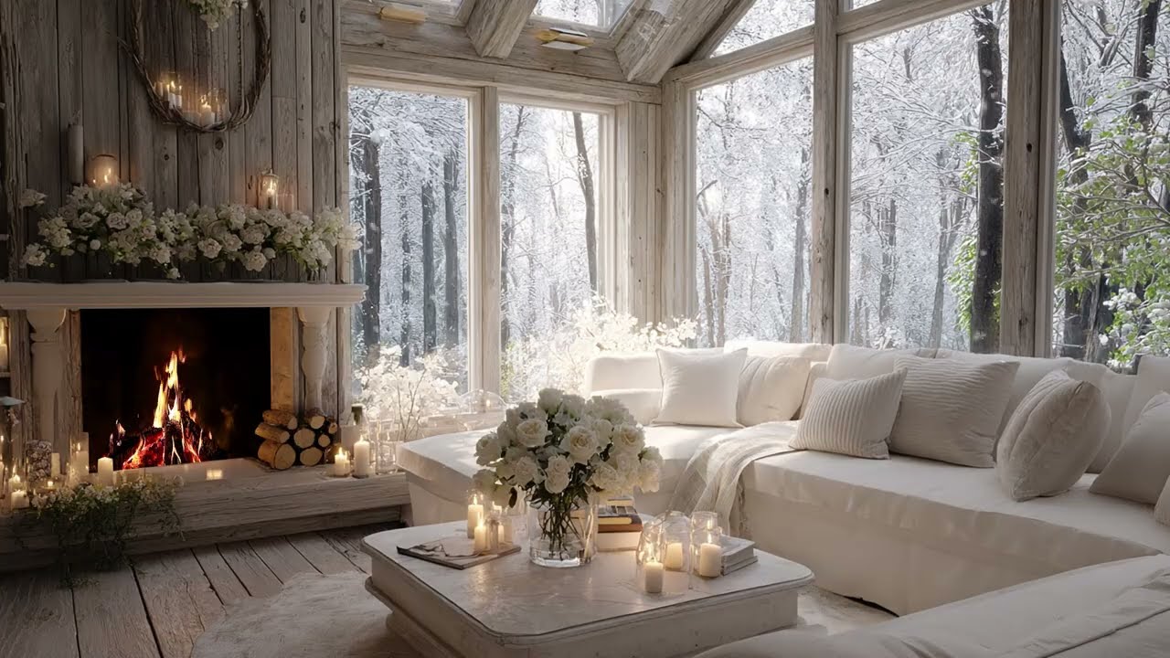 Winter Cabin Piano With Snowfall And Warm Fire For Deep Calm And Emotional Comfort