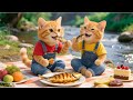 猫のお母さんと子猫のすばらしいキャンプ旅行 – 悪夢のあと、川辺で魚を捕まえて焼き魚を楽しむ！