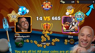 Level 665 Vs 14 😂 All in Coins Level 14 Legendary Cues 20\20 8 ball pool