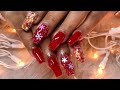 Short Square Red Christmas Inspired Acrylic Nail Art Design Tutorial 🎄 Watch me Work