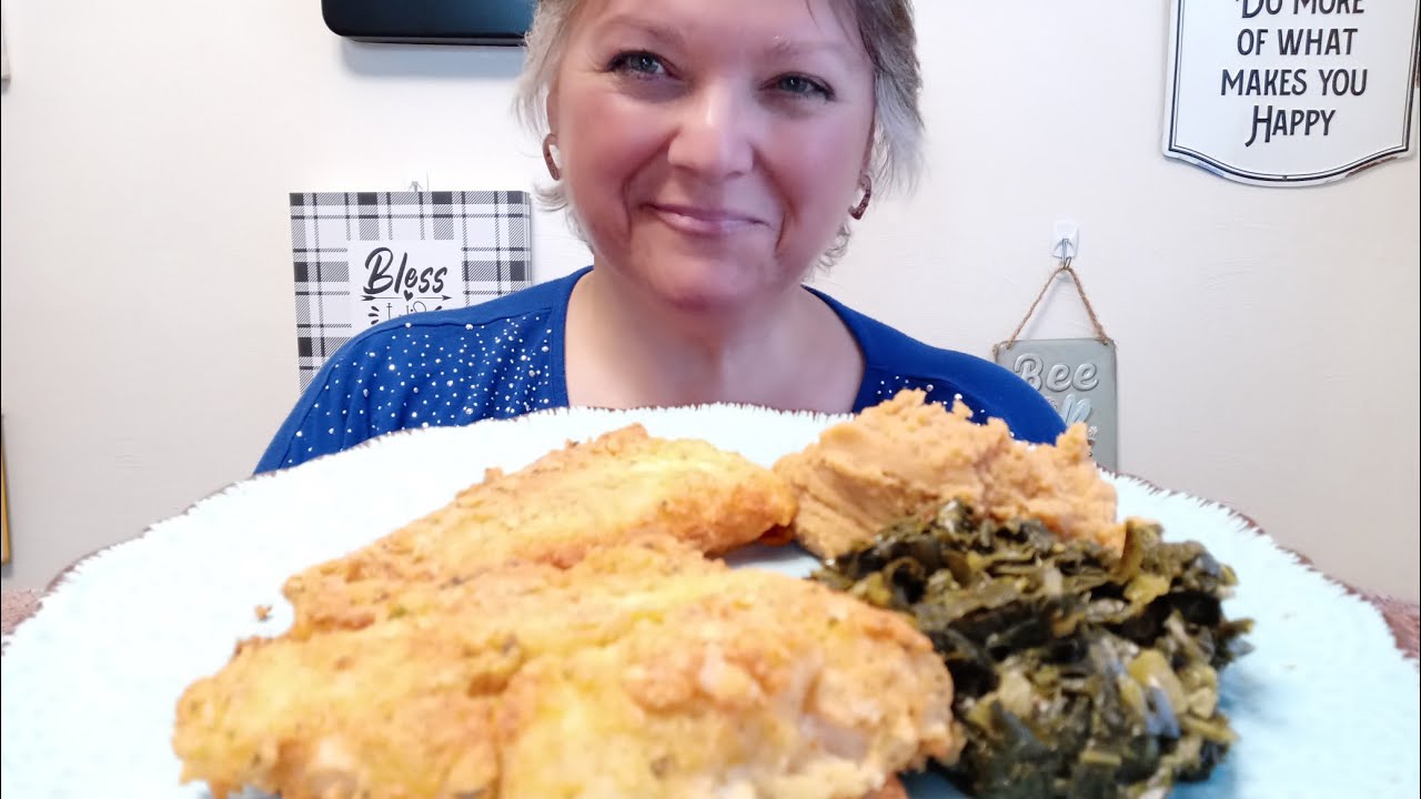 Dinnertime 🍽️ Mukbang Fried Cod😊, Collard Greens & Mashed Sweet