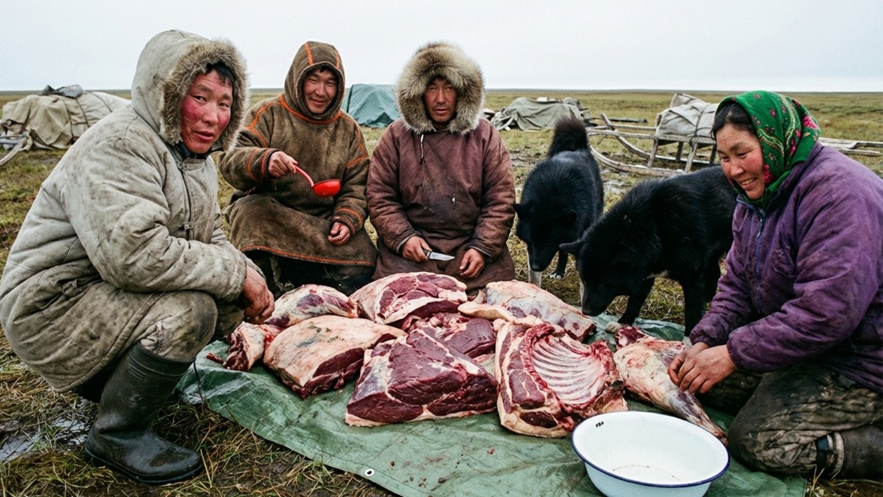 Дети кочевников Севера едят сырое мясо — роды, еда, купание и гигиена при температуре −50°C