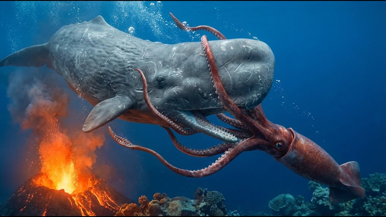 Giant Squid Hunts in Total Darkness of the Deep Sea