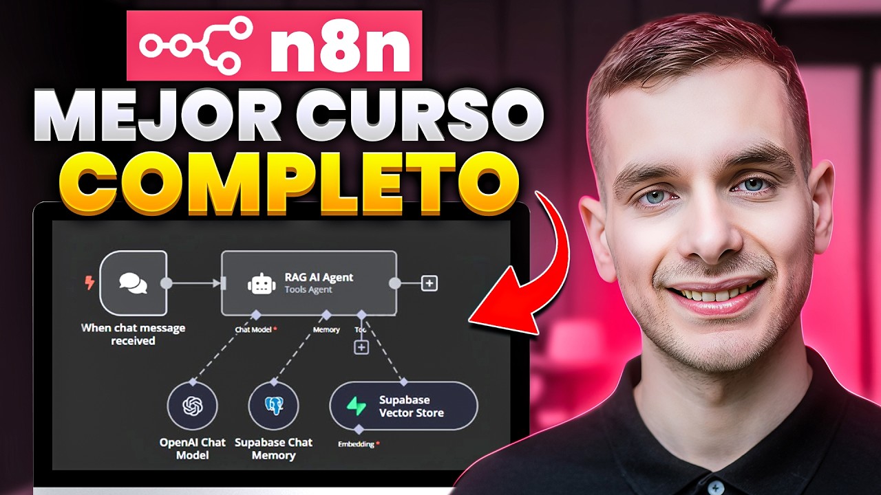 Miniatura de YouTube: N8N CURSO COMPLETO 6 HORAS – Automatiza, Crea y Vende Agentes IA